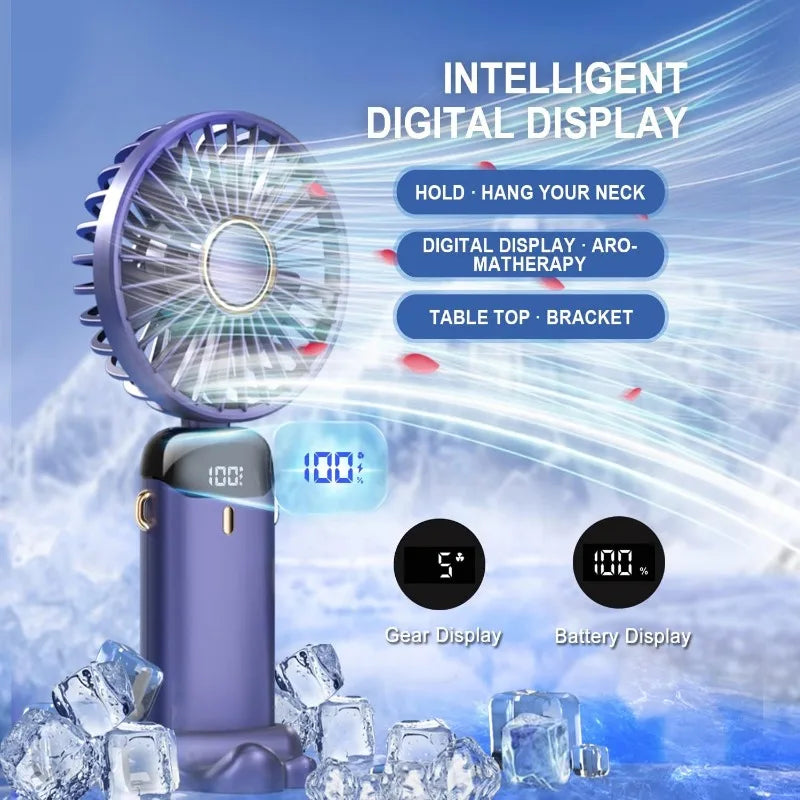 Mini Fan Portable Handheld Fan 5 Speed ​​USB Rechargeable 5000Mah with LED Display 7-16 Hours Quiet Suitable for Office Outdoor